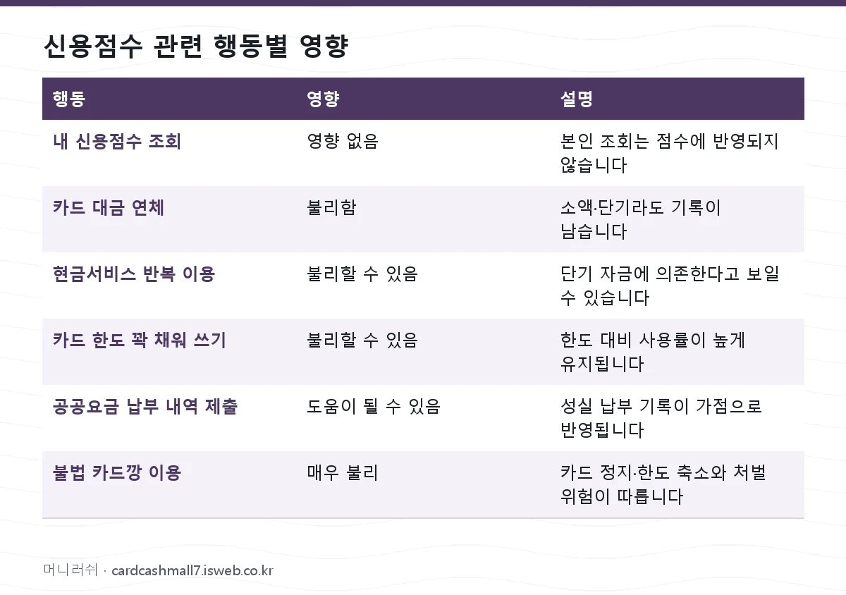 신용점수 관련 행동별 영향 표를 그림으로 정리한 이미지